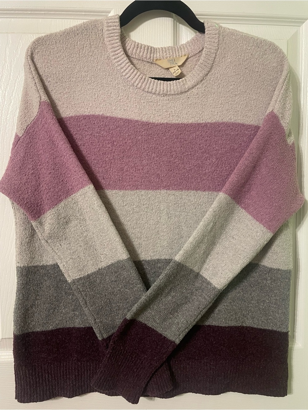 Time and Tru Pink, Gray & Plum Striped Crewneck Sweater